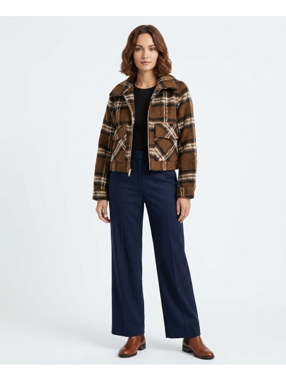NWT BCBG Womens Brown Plaid Fuzzy Zip Up Shacket Jacket Coat Sz M